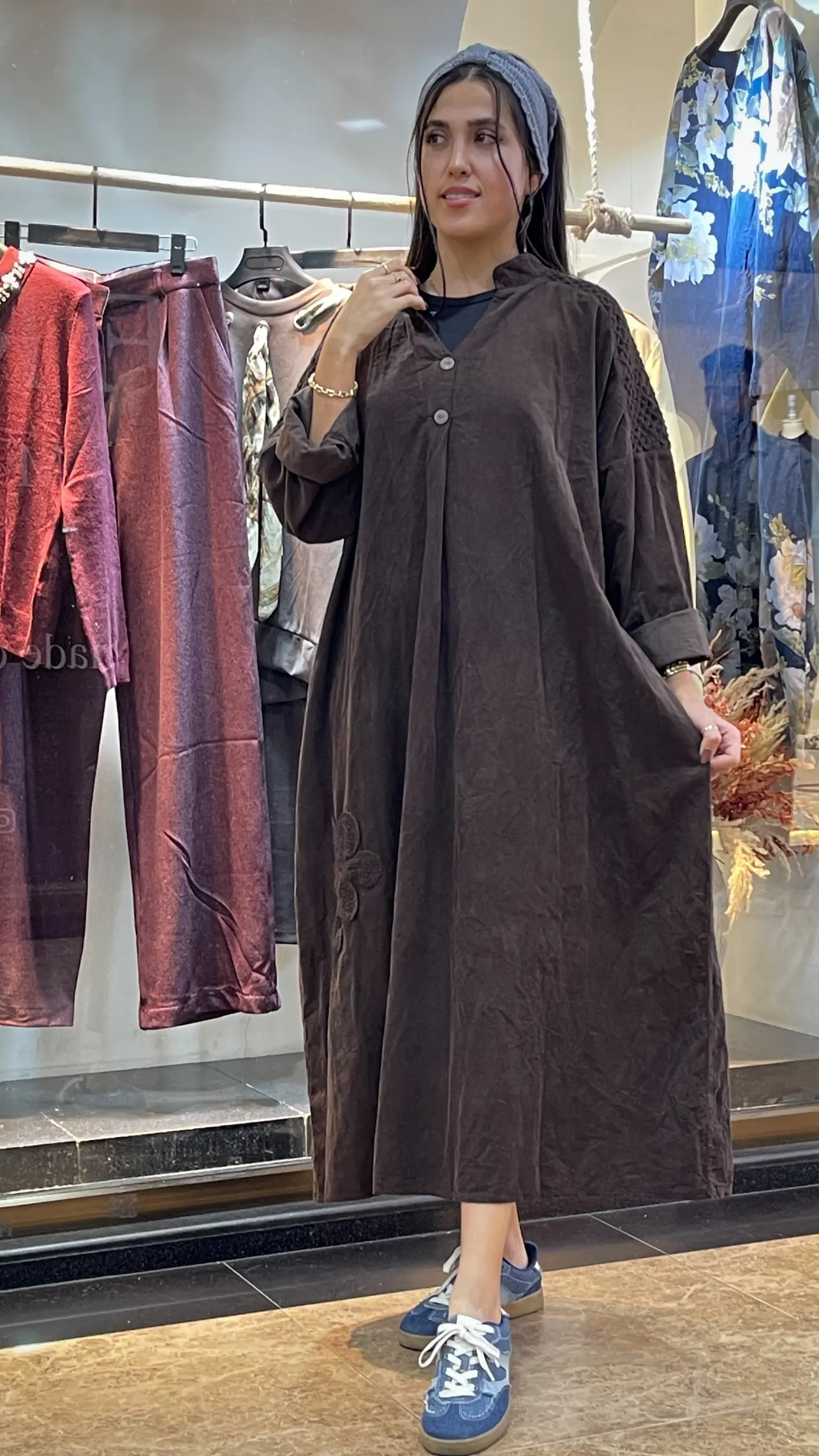 پیراهن مخمل کبریتی ایتالیایی پاییزه طرح تک گل